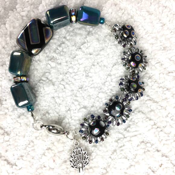 HANDMADE ~  Sunflowers & Peacock Specialty Beads Bracelet  9'' - Picture 1 of 4